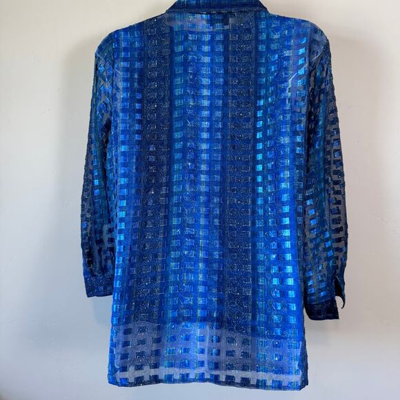 Vintage 90s Sheer Blue Metallic Check Plaid Button Up Blouse Shirt Top 1X - Picture 8 of 14